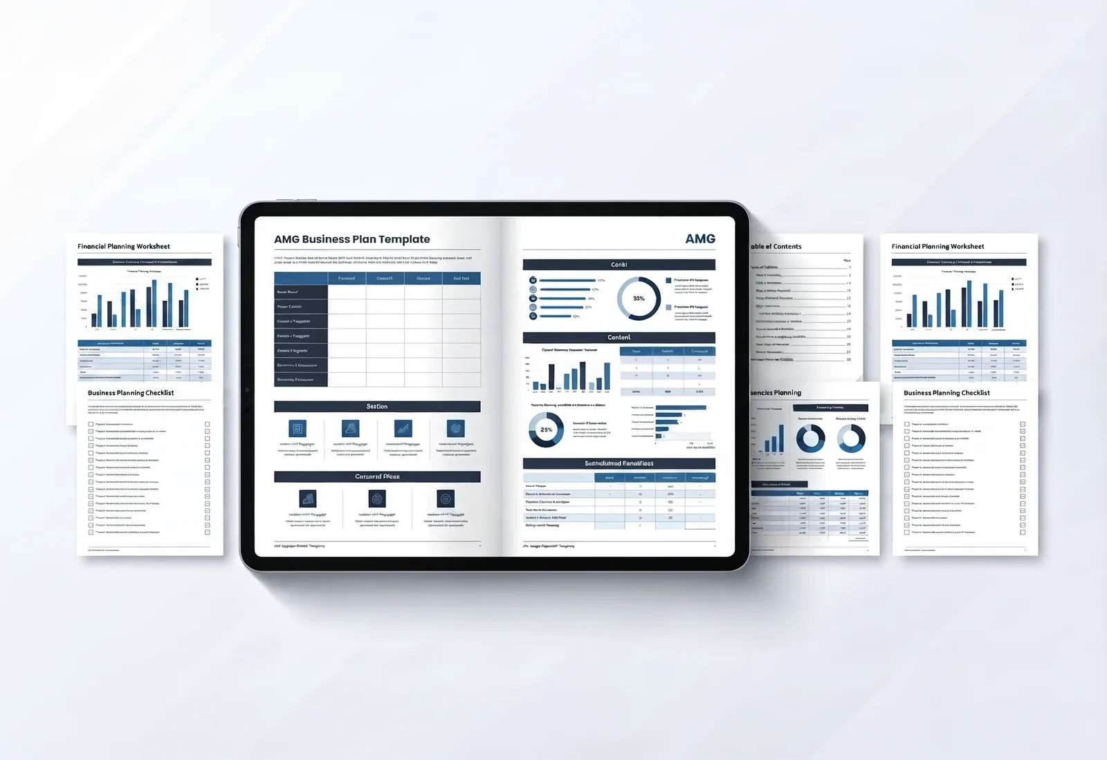 AMG business plan template preview showing financial planning worksheets and a business planning checklist