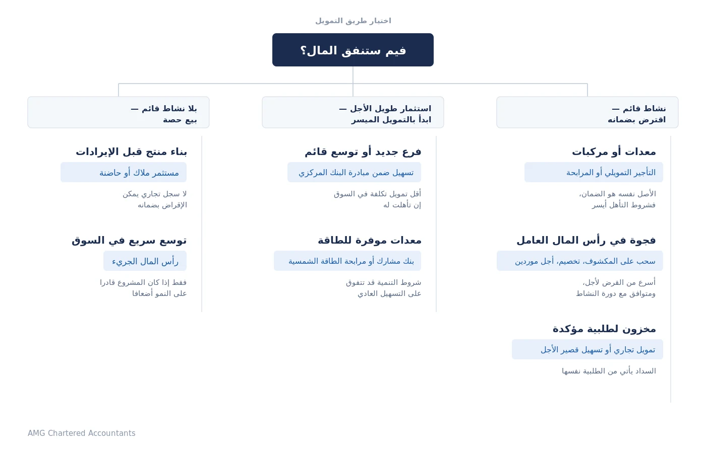 مخطط يوضح اختيار طريق تمويل المشروع في مصر حسب الغرض من التمويل وحالة النشاط